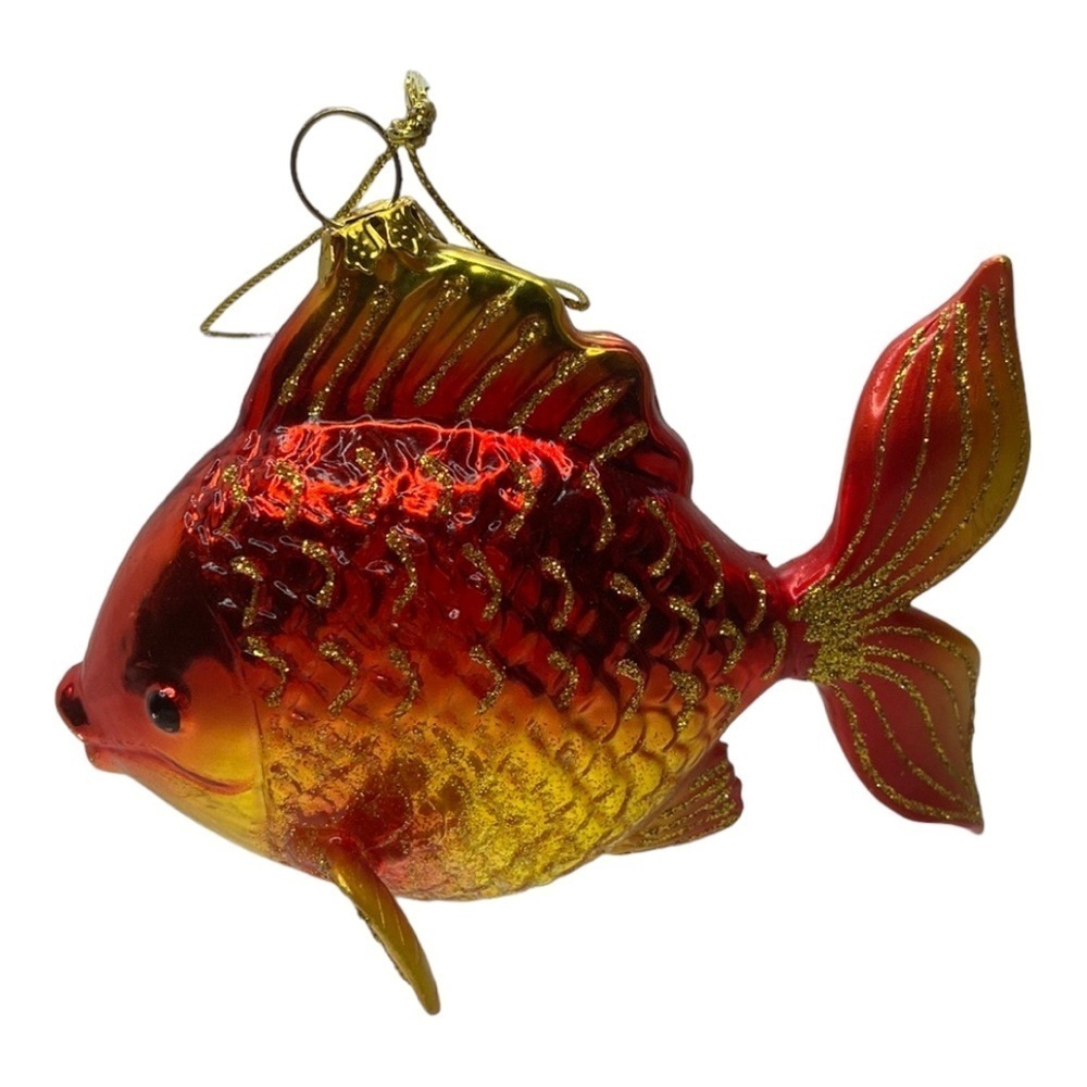 Tropical Fish Yellow Red Glass Glitter Christmas Holiday Ornament Decoration